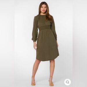 Velvet Heart Clarita Olive Dress Green Tencel Longsleeve Smocked Waist Large New